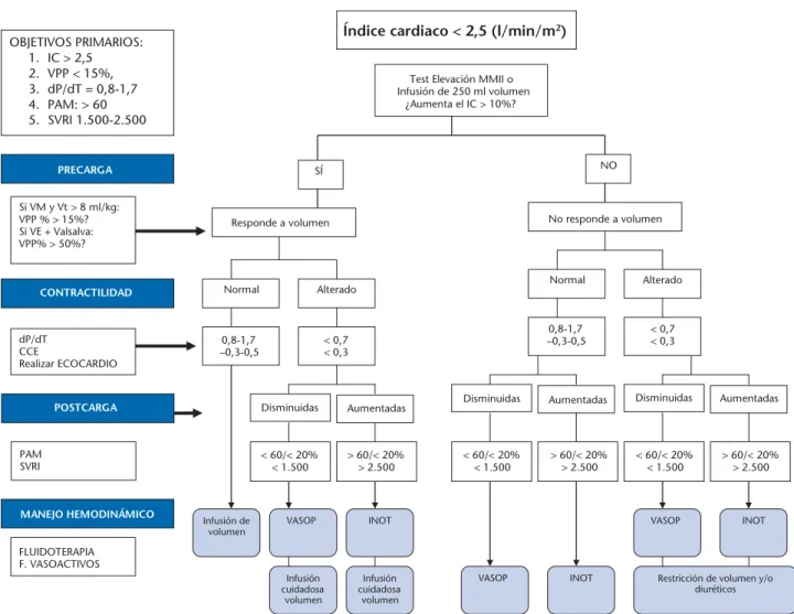 Figura 6. Algoritmo del manejo hemodinámico en el paciente con bajo índice cardiaco. VM: ventilación mecánica