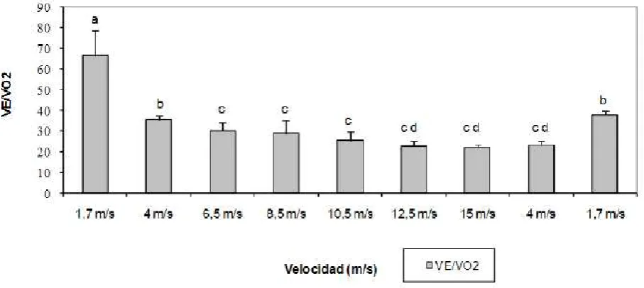 Figura 1: Valores de VE/VO2, durante un test de ejercicio incremental.  Figure 1: Ventilatory Equivalent values, during an incremental step test.