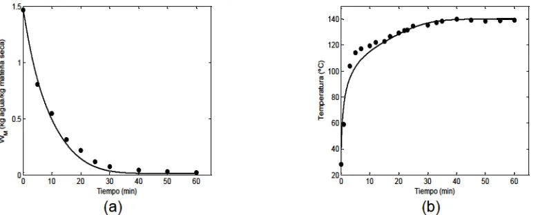 Figura 1. Validación del modelo de secado-tostado a 140ºC en lecho fluidizado línea temperatura en función del tiempo
