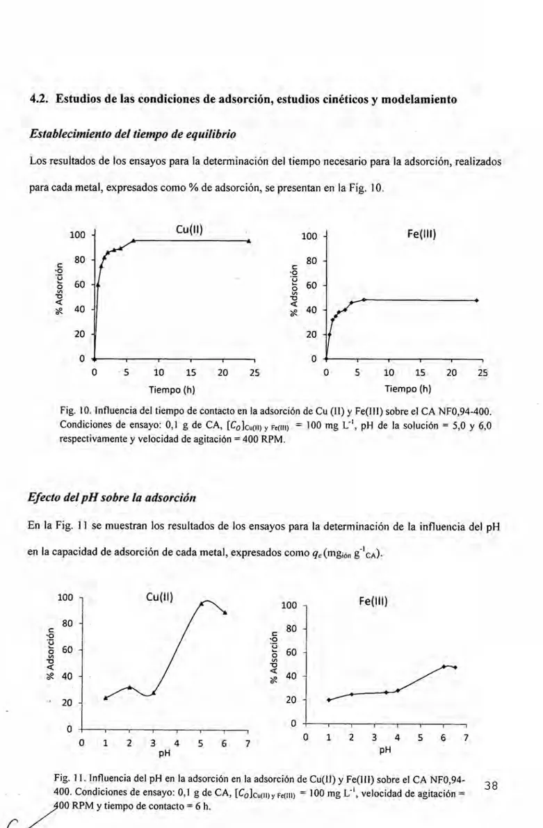 Fig. 10. ln}402uencia del tiempo de contacto en la adsorcién de Cu (11) y Fe(III) sobre el CA NFO,94-400