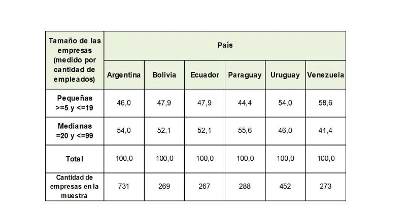 Tabla 5. Tamaño de las empresas discriminadas por país. En porcentajes 