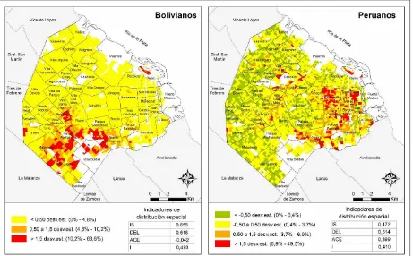 Figura 1: Distribución espacial de los bolivianos, paraguayos, peruanos y uruguayos censados en viviendas particulares