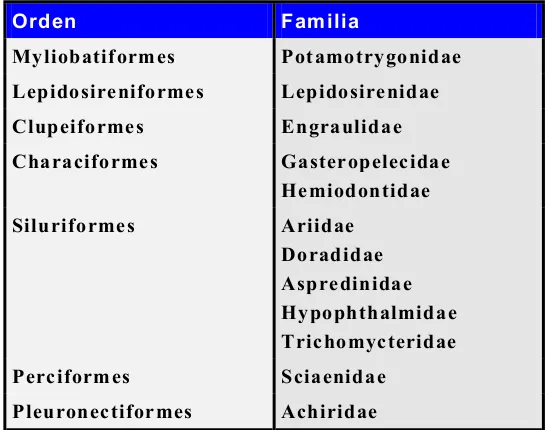 Tabla III.  Familias comunes en la cuenca Paraná-Plata y ausentes en la 