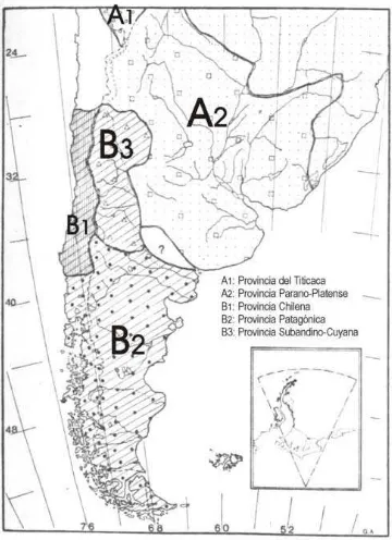 Figura 1.  Provincias ictiogeográficas (tomada de Arratia et al., 1983). 