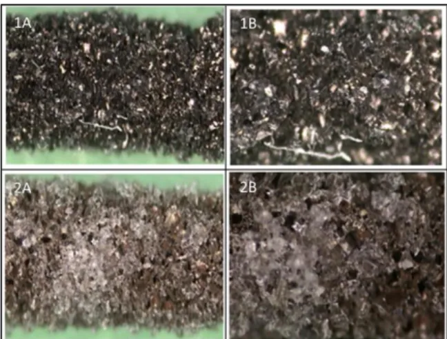 Figure 1. Optical micrographs of porous silicone  matrix, at different magnifications (A;40X, B:83X)