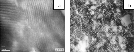 Figura 2. Micrografías TEM de SBA-15 (a) y MCF (b). 