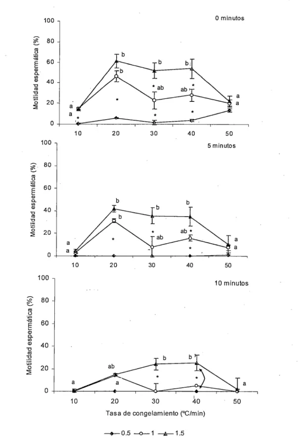 Figura 2  Determinación  de  la  motilidad de  espermatozoides  de  E.  ringens  post  tratamiento  a  diferentes  tasas de congelamiento utilizando únicamente ME 2 SO como agente crioprotector