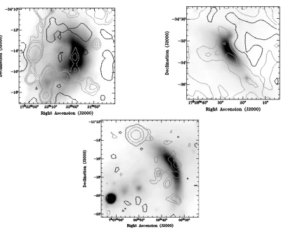 Figura 4.4. Objetos que presentan emisión en NVSS y WISE. Escala de grises: emisión infrarroja, banda 4Arriba izquierdaWISE, 22.2 micrones