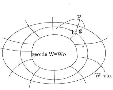 Figura 2.2: Campo de la gravedad terrestre, en el cual se muetra la direcci´on de las l´ıneas defuerza y la del vector de gravedad g