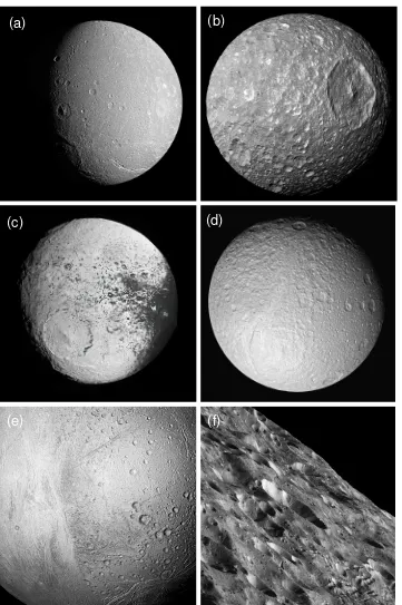 Figura 1.4. Evidencias de cráteres de impacto.a) Dione, b) Mimas, c) Jápeto, d) Tetis, e) Encelado, f) Rea.