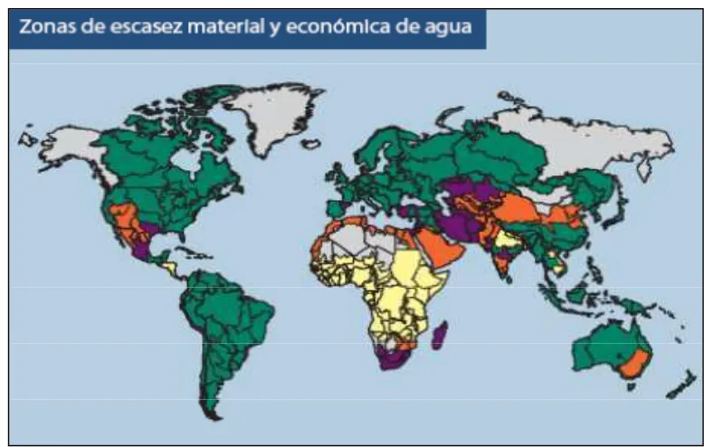Figura 1.1. Zonas de escasez material y económica de agua a nivel mundial.  Adaptado 