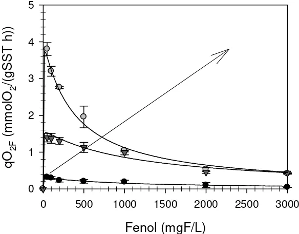 Figura 3.15. Ejemplos de la variación de la velocidad específica de respiración (qO2F) en función de la concentración de fenol correspondiente a la Etapa IV (alimentación con fenol)