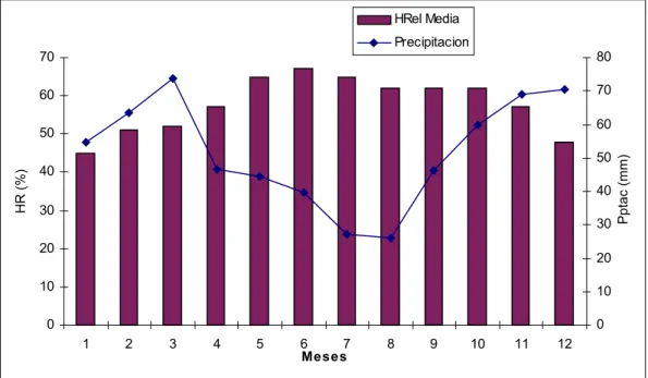 Gráfico 2: Representación de la variación pluviométrica y de H.R.M. anual. 