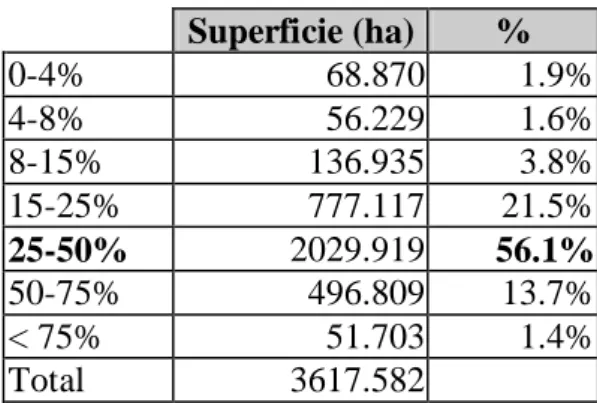 Cuadro 4. Clases de Pendientes     Superficie (ha)  %  0-4%  68.870  1.9%  4-8%  56.229  1.6%  8-15%  136.935  3.8%  15-25%  777.117  21.5%  25-50%  2029.919  56.1%  50-75%  496.809  13.7%  < 75%  51.703  1.4%  Total  3617.582 