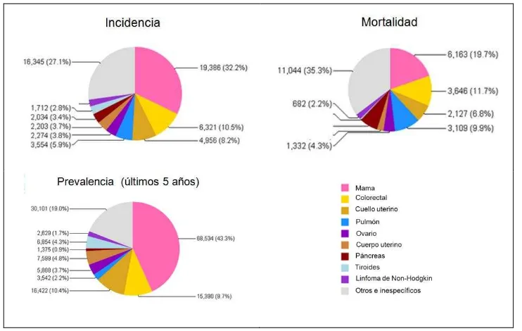 Figura 2. Distribución mundial de los distintos tipos de cáncer en mujeres, 2008 (Modificado de American Cancer Society, 2011)