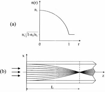 Figura II.1: (a) Indice de refracción vs. distancia axial al eje óptico en un medio de índice gradual (GRIN) parabólico, (b) Propagación de una onda [rana en dicho medio.