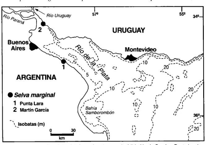 Fig. 4. Ubicación de las principales áreas de selva marginal (isla Martín García y Punta Lara), de origen subtropical, cuya colonización se atribuye a los extremos hídricos asociados al 