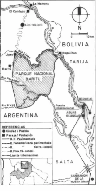 Fig. 1. Mapa esquemático de un sector del NOA, mostrando la ubicación de Baritú, las poblaciones vecinas en Salta y Bolivia, ríos y rutas de acceso.