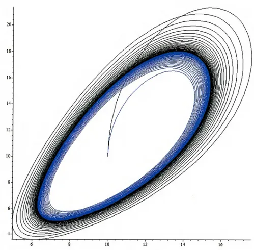 Figura 5.3:  k1   &gt;  k2   +  k3:  surgimiento de la órbita periódica, equilibrio ines- ines-table (plano yz)