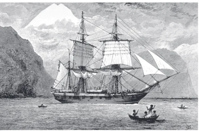 Fig. 1. Famoso dibujo titulado “HMS Beagle en el estrecho de Magallanes”. Mark sostiene que el título podría ser erróneo por cuanto el paisaje se asemeja al del oeste de Usuahia y la pequeña embarcación parece una canoa yagana, por lo que indicaría el Canal de Beagle.