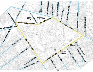 Fig. 3: Ruas adjacentes (em amarelo) e proximidades (em azul) Fonte: autores. 