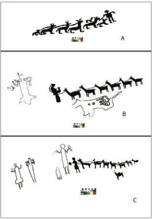 Figura 9. A. Pintura rupestre de camélidos alineados y atados guiados por antropomorfo