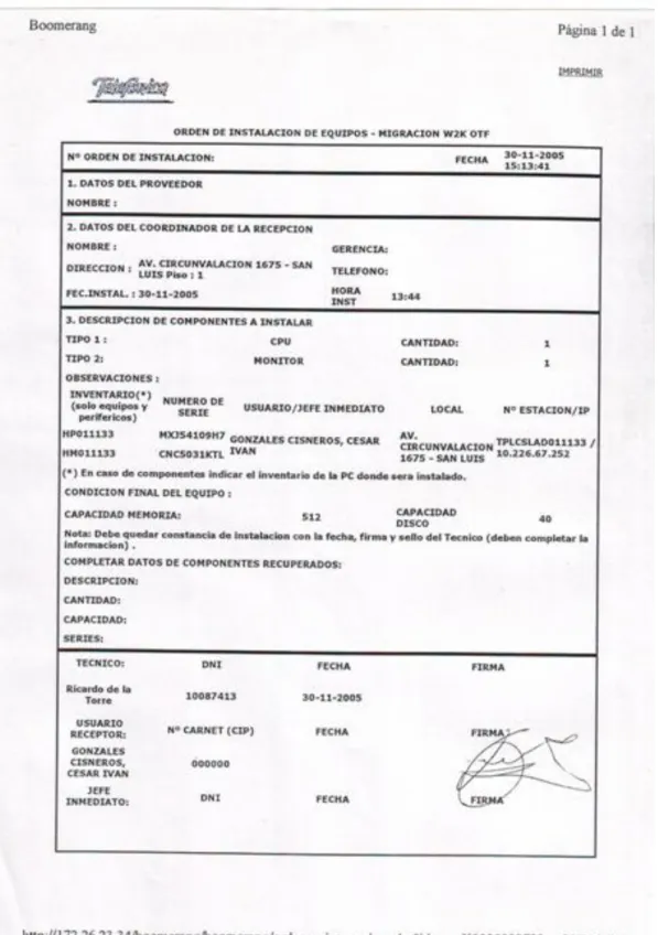 Figura 21. Datos de la computadora para Interface con la central. 