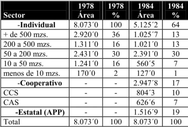 Tabla 2.2. Evolución de la estructura de propiedad de la tierra por sector, 1978-1984  en miles de manzanas  Sector   1978  Área  1978 %  1984  Área  1984 %         -Individual  8.073´0 100 5.125´2  64  + de 500 mzs