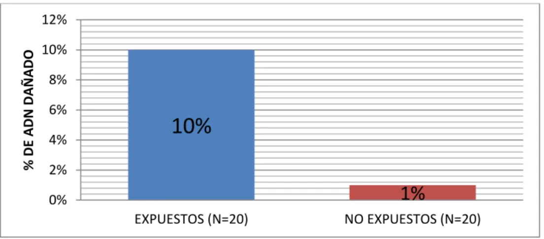 Figura 2. Porcentaje de  daño genotóxico medido por el  ensayo cometa  en  la población  expuesta y no expuesta a radiación 