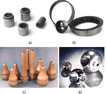 Figura 2.4 Componentes sometidos al proceso de borurización, a) cojinetes, b) anillos para bombas de extracción de petróleo, c) émbolos para la industria del vidrio, y d) válvulas de bola [24]