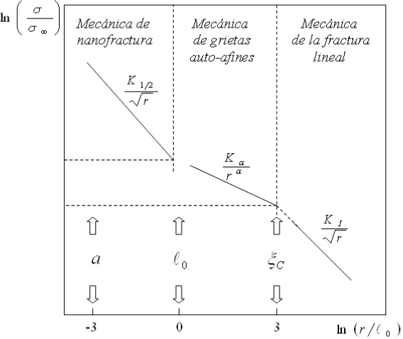 Figura 3.7  Distribución de esfuerzos en el vértice de una grieta auto-afín en un material frágil
