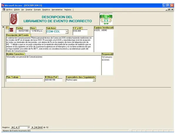 Figura 5.5 Interfase del Módulo de Descripción de los Libramientos de Eventos Incorrectos