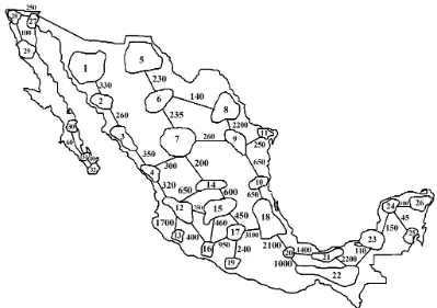 Figura 2.4.  División del Sistema Eléctrico Mexicano en áreas y se muestra la capacidad en las interconexiones en 1998 (Adaptado de [Madrigal et al., 2004])