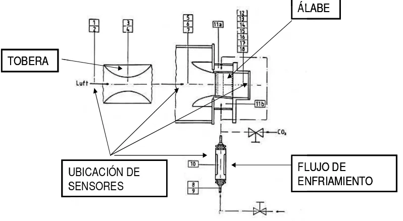 Fig. 2.4. Instalación  experimental. Conformado por: tobera convergente-divergente, para acelerar el flujo, álabe de estator  con perforaciones para enfriamiento por película, y localización de instrumentación  [16]