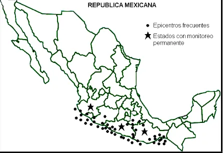 Figura 1.8. Mapa de epicentros frecuentes en México. 