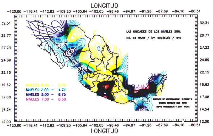 Fig. 1 Mapa de la republica mexicana (densidad de rayos a tierra). 