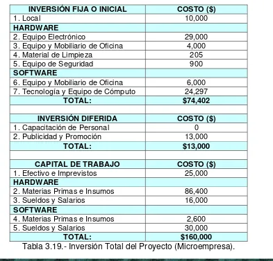 Tabla 3.19.- Inversión Total del Proyecto (Microempresa). 