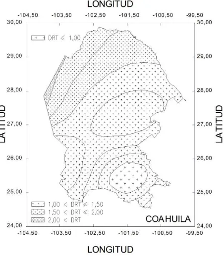 Figura 3.- Mapa promedio anual de densidad de rayos a tierra del estado de Coahuila Saltillo, (localizado en el noreste de México)