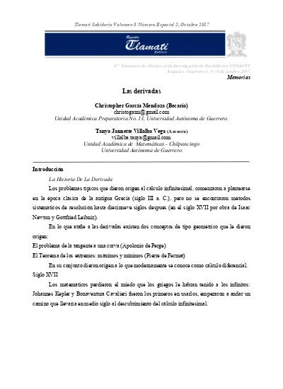 Tlamati Sabiduría Volumen 8 Número Especial 2, Octubre Las Derivadas