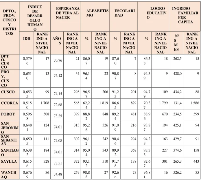 Tabla 10: Índice de desarrollo humano en la provincia del Cusco