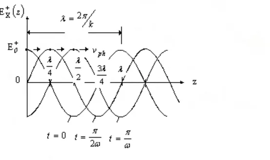 Figura 2. Onda que se propaga en la dirección z  ()t z,)=kz-tEcosω(positiva E0+ x+, para 