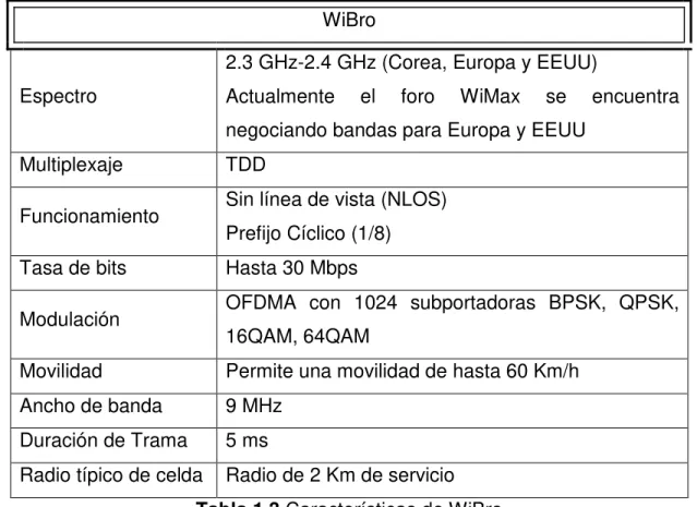 Tabla 1.3 Características de WiBro 