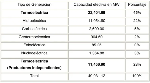 Tabla 2.2: Capacidad efectiva instalada por tipo de generación al mes de febrero de 2009 