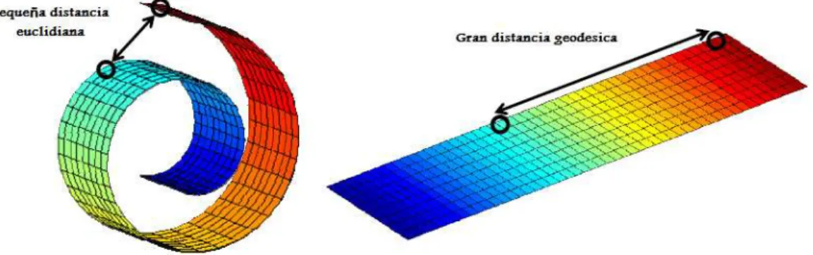 Figura 2.3 Comparación entre la distancia euclidiana y la distancia geodésica. 