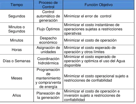 Tabla 2.1. Horizonte de Estudio, Proceso de Control y Función Objetivo  
