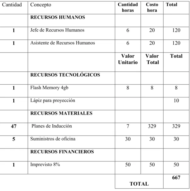 TABLA 23 PRESUPUESTO DEL PLAN DE INDUCCIÓN 