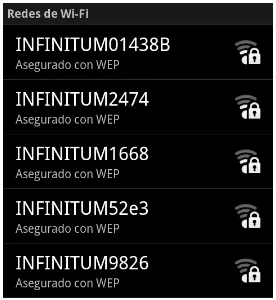 Figura 1.2. Redes bloqueadas con contraseña y que no cuentan con portal cautivo. Fuente: captura de pantalla de celular