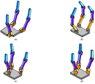 Figura 3.1.- Posiciones relativas que toman los dedos en manos robóticas. a) Configuración  para agarres de oposición, b) configuración para agarres de flexión, c) configuración para agarres  de abducción y aducción, d) configuración para movimientos cilíndricos (Siciliano and Khatib, 2008) 