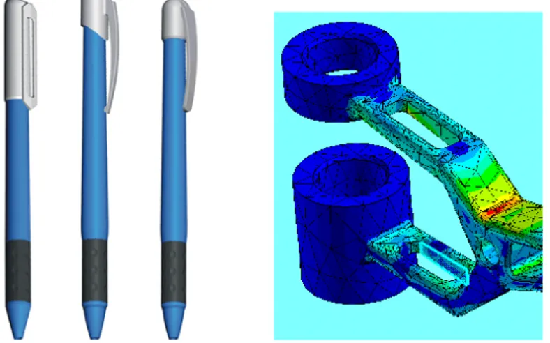 Figura 8. A  la izquierda, modelo tridimensional de tres conceptos para un bolígrafo. A la  derecha, análisis por elementos finitos de los esfuerzos generados en una pieza de fundición