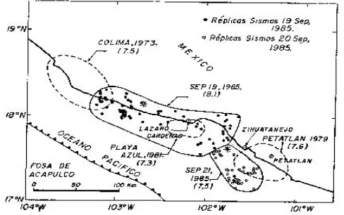 Figura iii.2.8 Hasta el 19 de septiembre de 1986 no habían ocurrido sismos en la costa de Michoacán suficientes grandes para liberar la energía sísmica acumulada desde 1911, fecha en que ocurrió el último gran temblor en la zona